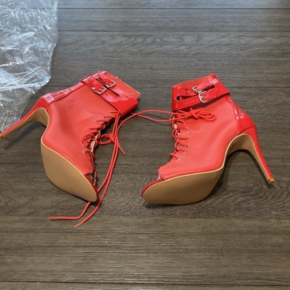 NWT BURJU Under The Influence Open Toe Lace Up Buckle Ankle Boots | Red 11 - Picture 4 of 9
